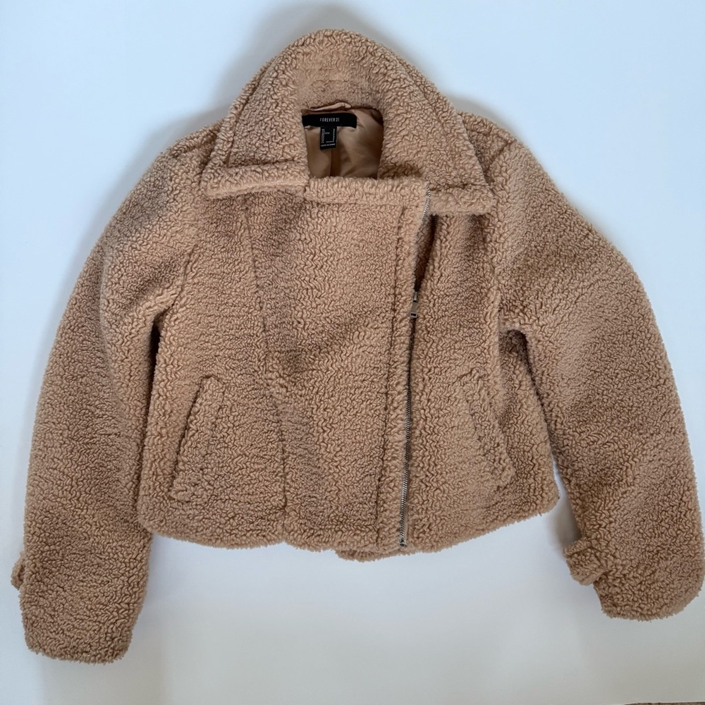 Forever 21 Women’s Teddy Bear Sherpa Fleece Moto Jacket Coat Brown Small‎ Cozy
